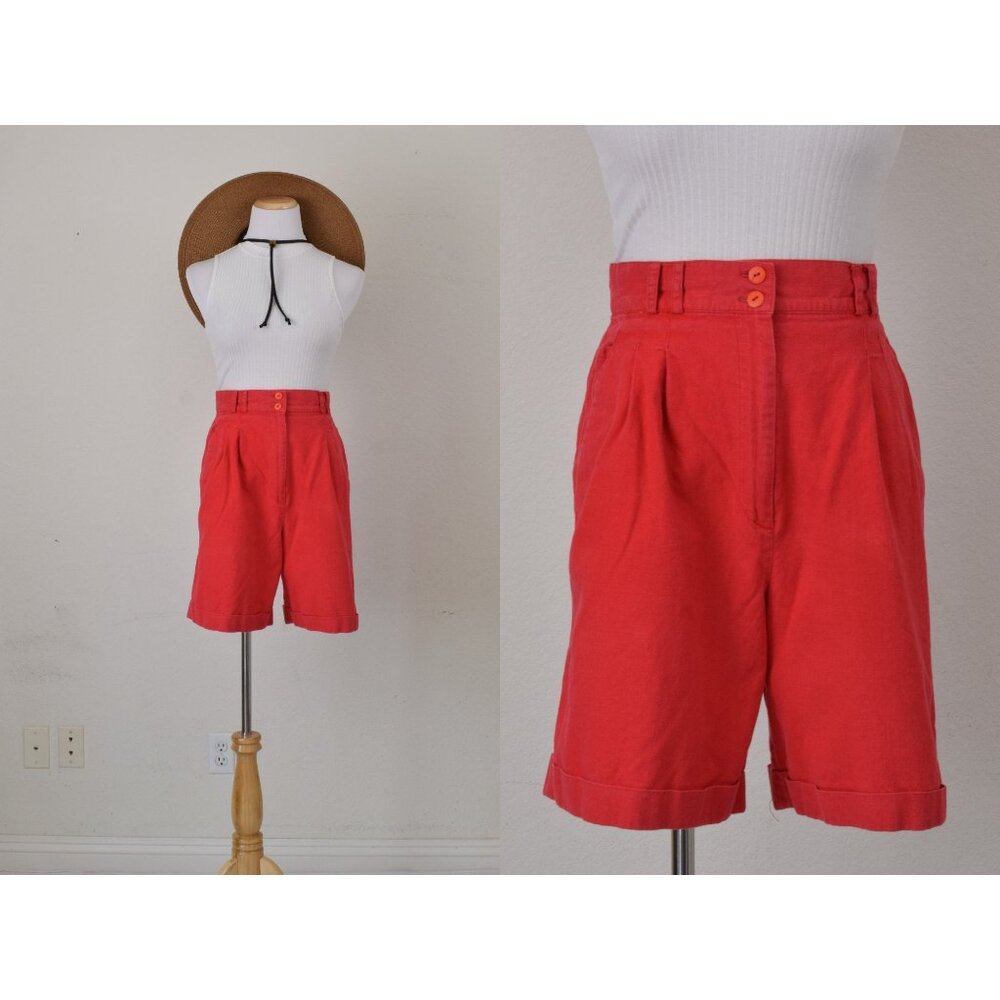Vintage 90s Orange-Red‎ Pleated High Waisted Bermuda Shorts | 28 waist